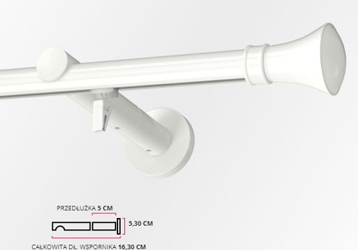 Karnisz pojedynczy przesuwny z wspornikiem 16cm w kolorze białym z przedłużką i końcówkami Colosseo