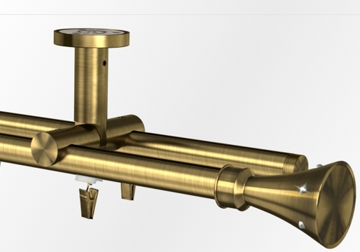 Karnisz podwójny sufitowy przesuwny z wspornikiem w kolorze mosiądz antyczny i końcówkami Daphne