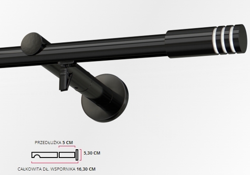 Karnisz pojedynczy przesuwny z wspornikiem 16cm w kolorze czarnym z przedłużką i końcówkami Malibu