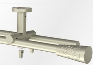 Karnisz podwójny sufitowy przesuwny z wspornikiem w kolorze satyna i końcówkami Fenix
